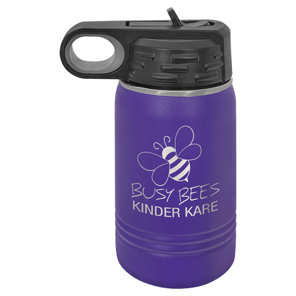 A 12 ounce water bottle shown, in purple with black screw on top.  Top has a finger hole for easy carrying, and a finger tab on top to flip the built in straw open.   Image includes a sample engraving