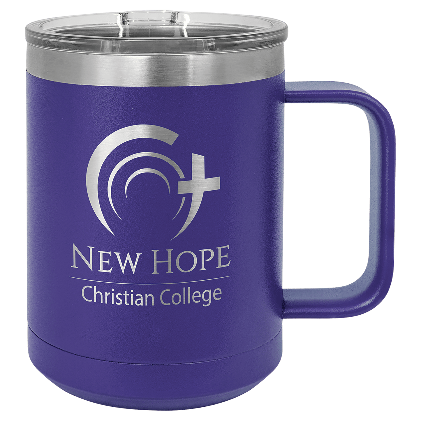 15 oz coffee mug in purple with sample laser engraving and powder-coated finish. Durable, sleek design with color matched handle 