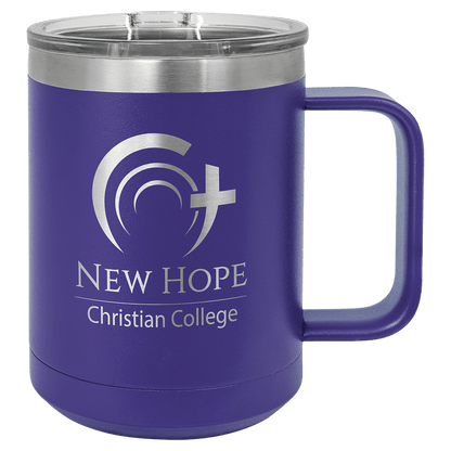 15 oz coffee mug in purple with sample laser engraving and powder-coated finish. Durable, sleek design with color matched handle 