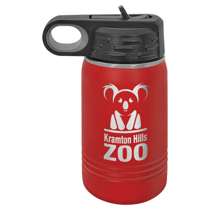 A 12 ounce water bottle shown, in Red with black screw on top.  Top has a finger hole for easy carrying, and a finger tab on top to flip the built in straw open.   Image includes a sample engraving