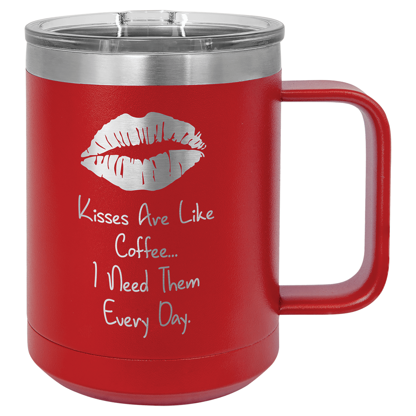 15 oz coffee mug in red with sample laser engraving and powder-coated finish. Durable, sleek design with color matched handle 