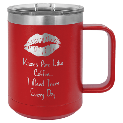 15 oz coffee mug in red with sample laser engraving and powder-coated finish. Durable, sleek design with color matched handle 