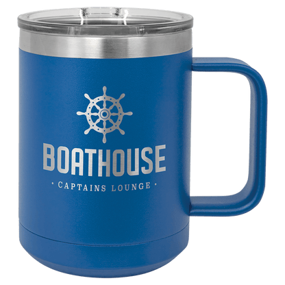 15 oz coffee mug in royal blue with sample laser engraving and powder-coated finish. Durable, sleek design with color matched handle 