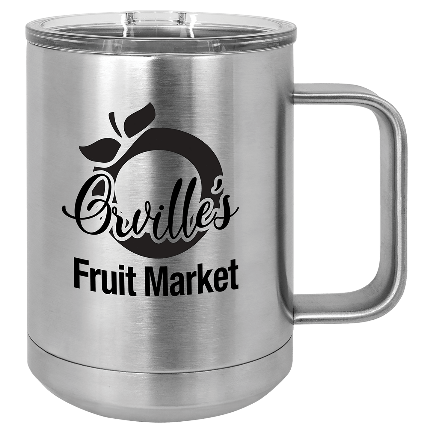 15 oz coffee mug in stainless steel with sample laser engraving. Durable, sleek design with color matched handle 