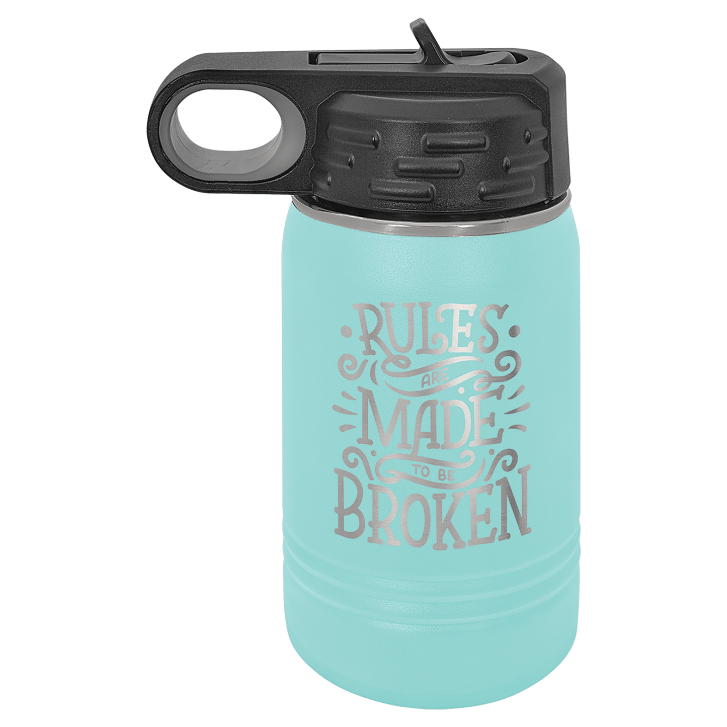 A 12 ounce water bottle shown, in teal with black screw on top.  Top has a finger hole for easy carrying, and a finger tab on top to flip the built in straw open.   Image includes a sample engraving