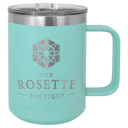 15 oz coffee mug in teal with sample laser engraving and powder-coated finish. Durable, sleek design with color matched handle 