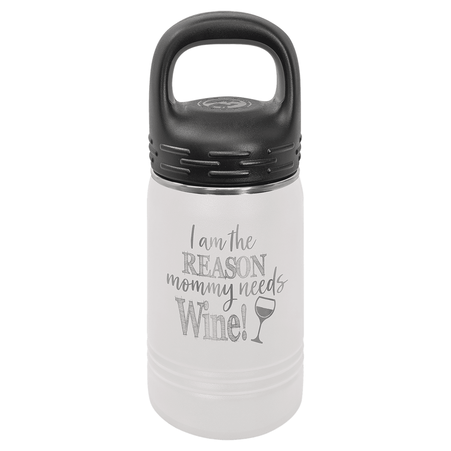 A 12 ounce water bottle shown, in white with black screw on top.  Top shown is an option top with a handIe, in place of a folding straw.  Sold separately.  Image includes a sample engraving