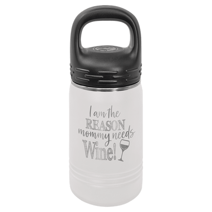 A 12 ounce water bottle shown, in white with black screw on top.  Top shown is an option top with a handIe, in place of a folding straw.  Sold separately.  Image includes a sample engraving
