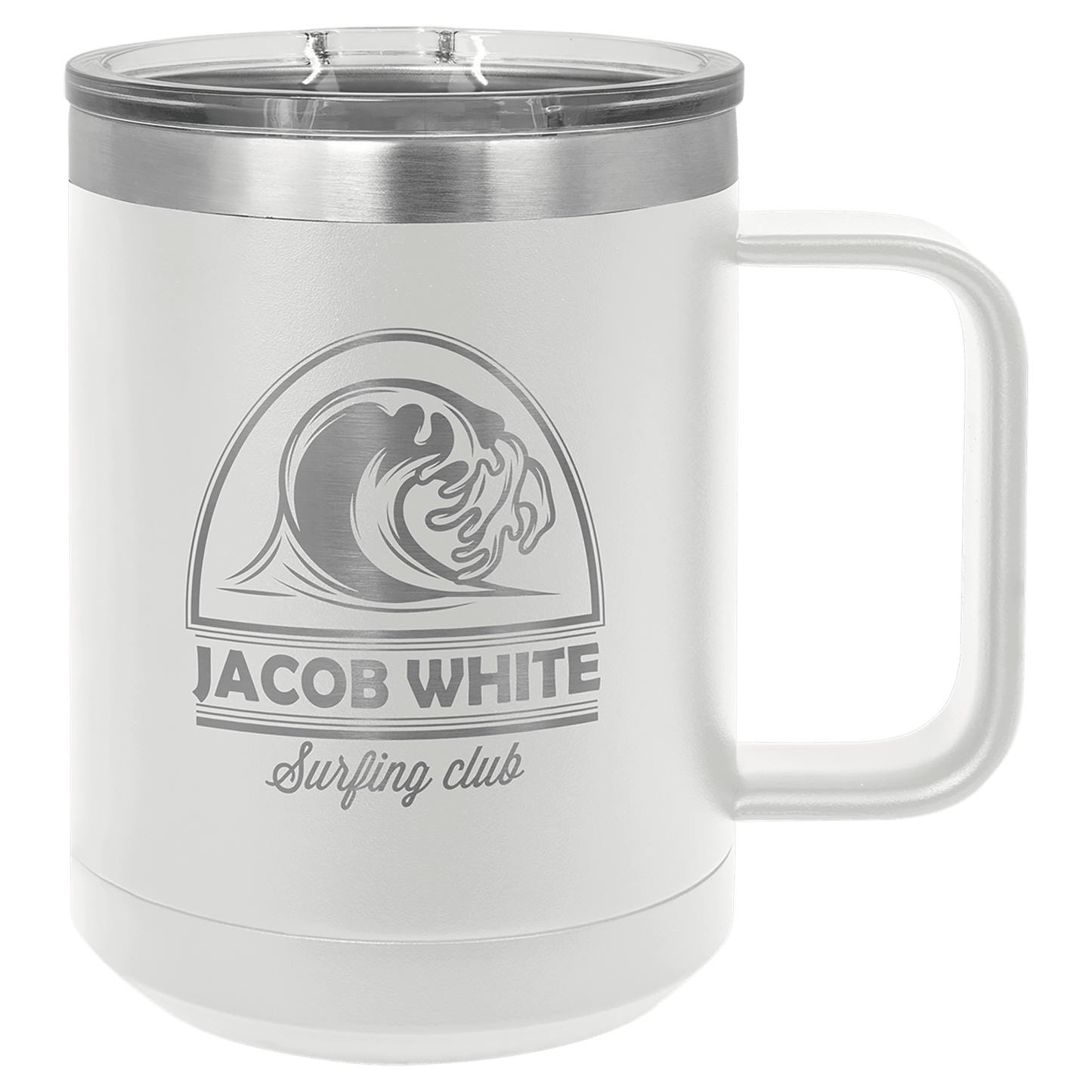 15 oz coffee mug in white with sample laser engraving and powder-coated finish. Durable, sleek design with color matched handle 