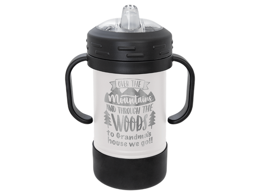 10 ounce Childs sippy cup, in white, with a rubberized black base and black screw on top.  A black handle protrudes on either side for easy gripping.  Image contains a sample engraving