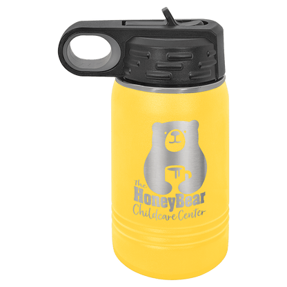 A 12 ounce water bottle shown, in yellow with black screw on top.  Top has a finger hole for easy carrying, and a finger tab on top to flip the built in straw open.   Image includes a sample engraving