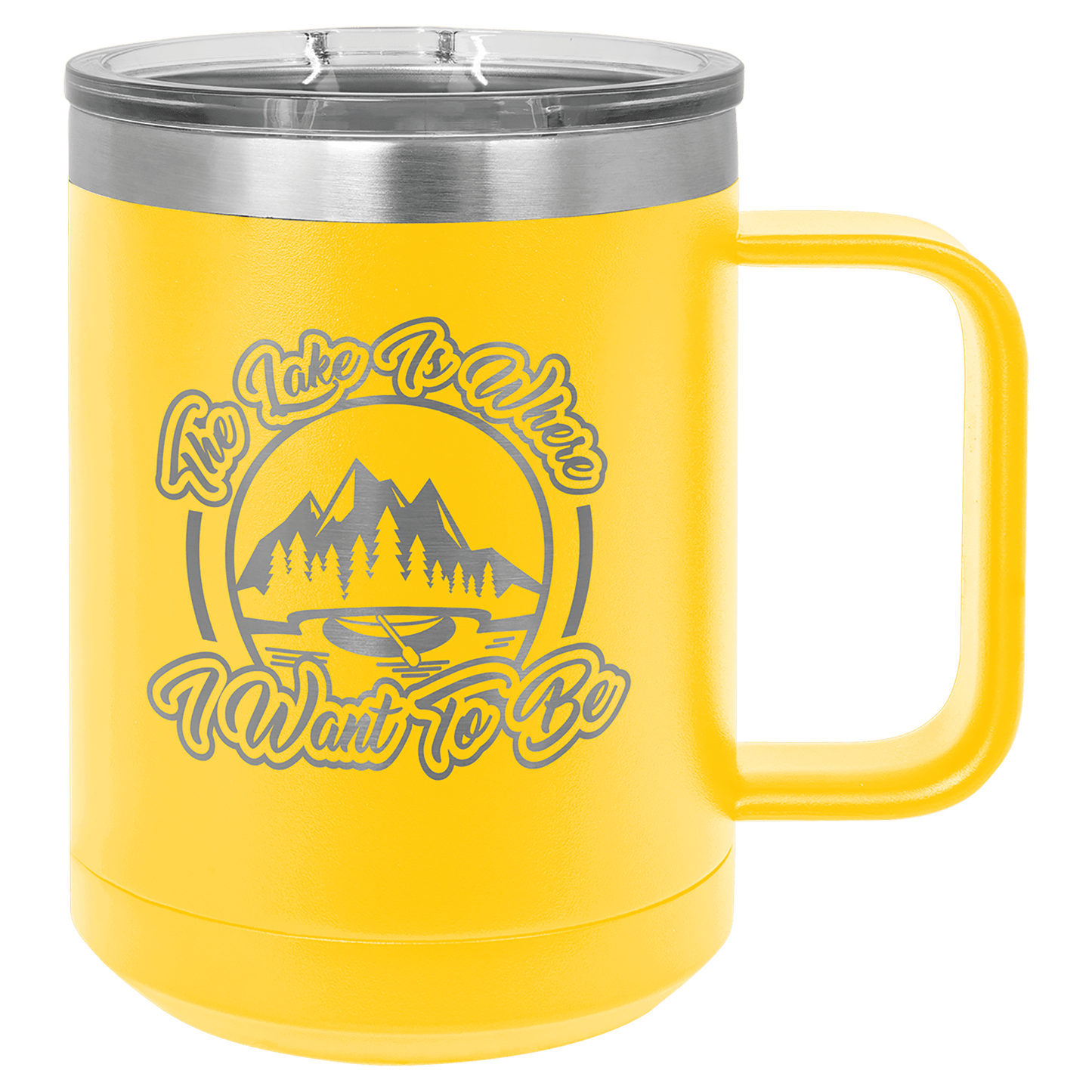 15 oz coffee mug in yellow with sample laser engraving and powder-coated finish. Durable, sleek design with color matched handle 