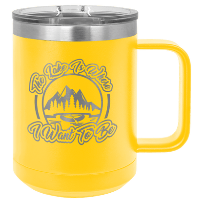 15 oz coffee mug in yellow with sample laser engraving and powder-coated finish. Durable, sleek design with color matched handle 