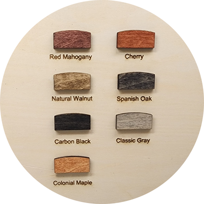 Stain color options are shown with sample pieces. Stain options are Red Mahogany, Cherry, Natural Walnut, Spanish Oak, Carbon Black, Classic Gray, and Colonial Maple