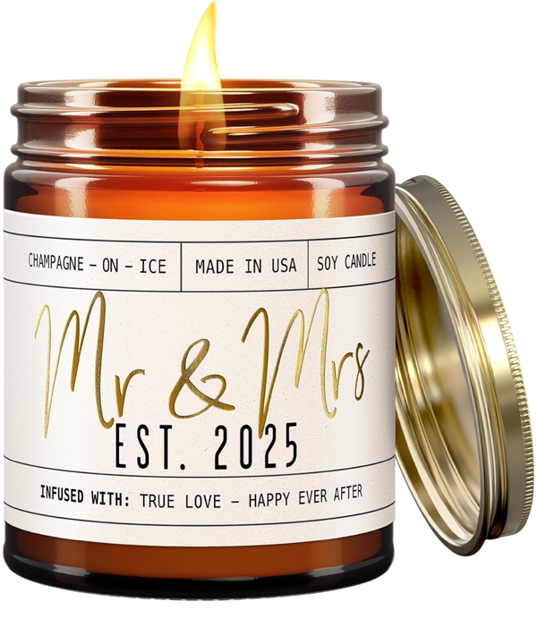 Wedding Gifts for Couples 2025 - 'Mr & Mrs Est. 2025 Candle, w/Champagne on Ice I 50Hr Burn